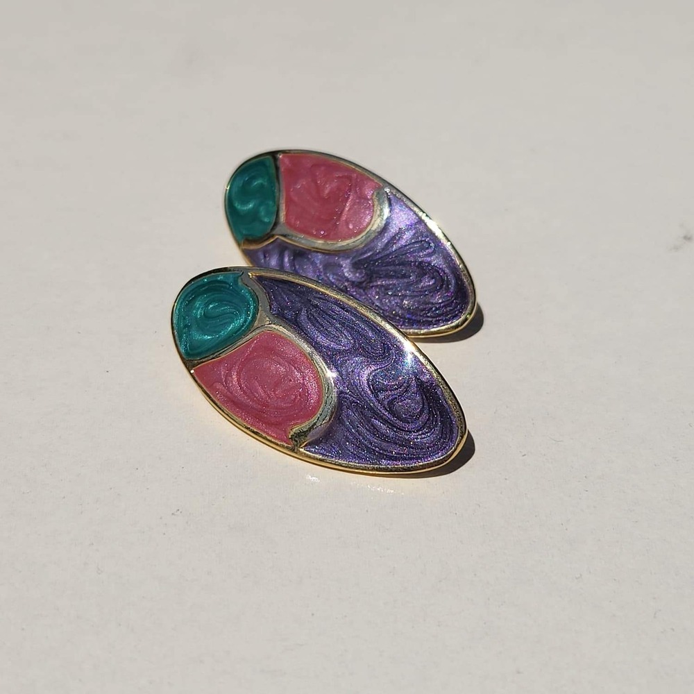 Vintage Enamel Metal Stud Earrings OS Multicolor Purple Pink Teal Abstract Oval